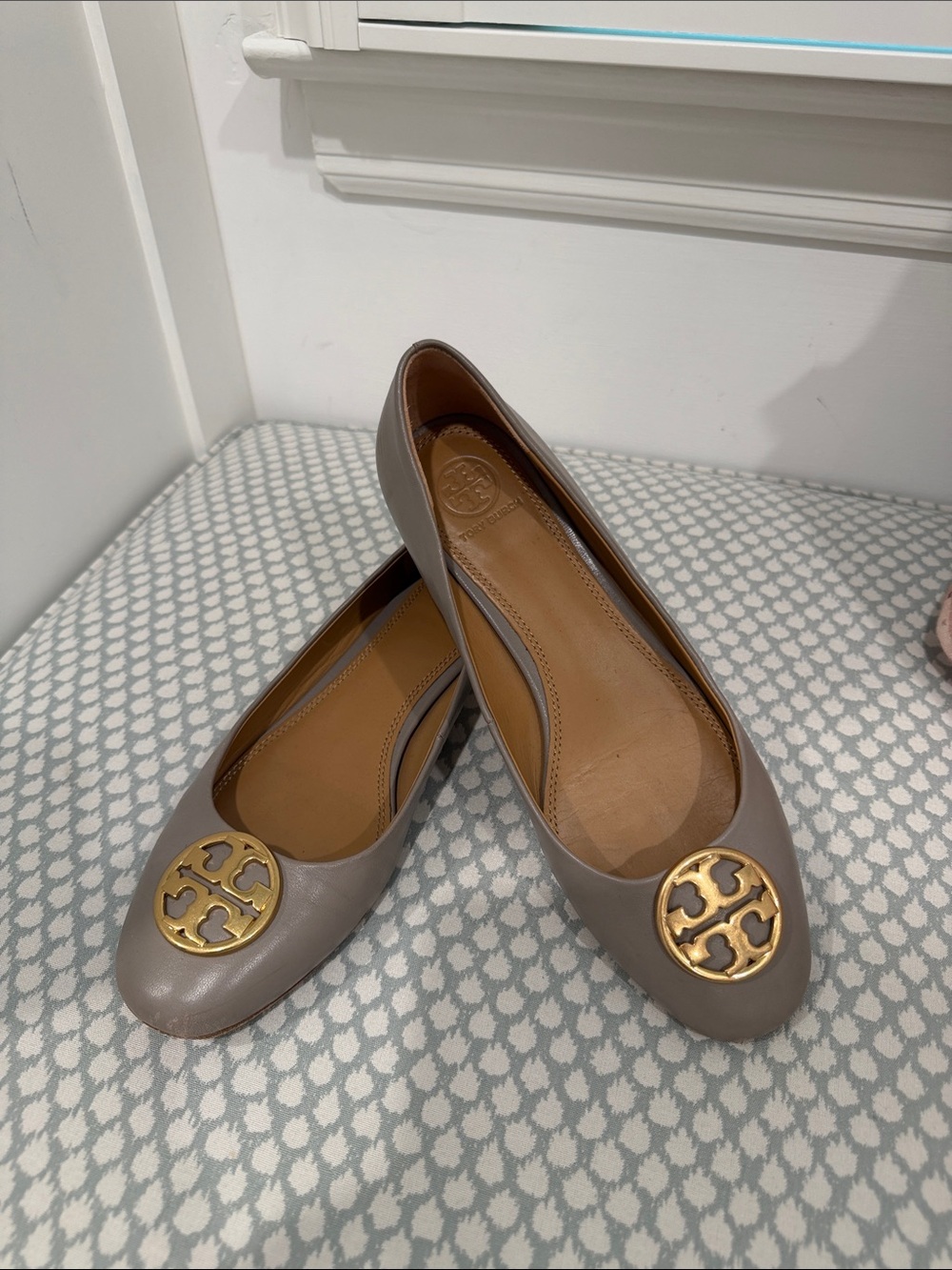 Tory Burch Taupe Leather Logo Disc Ballet Flats